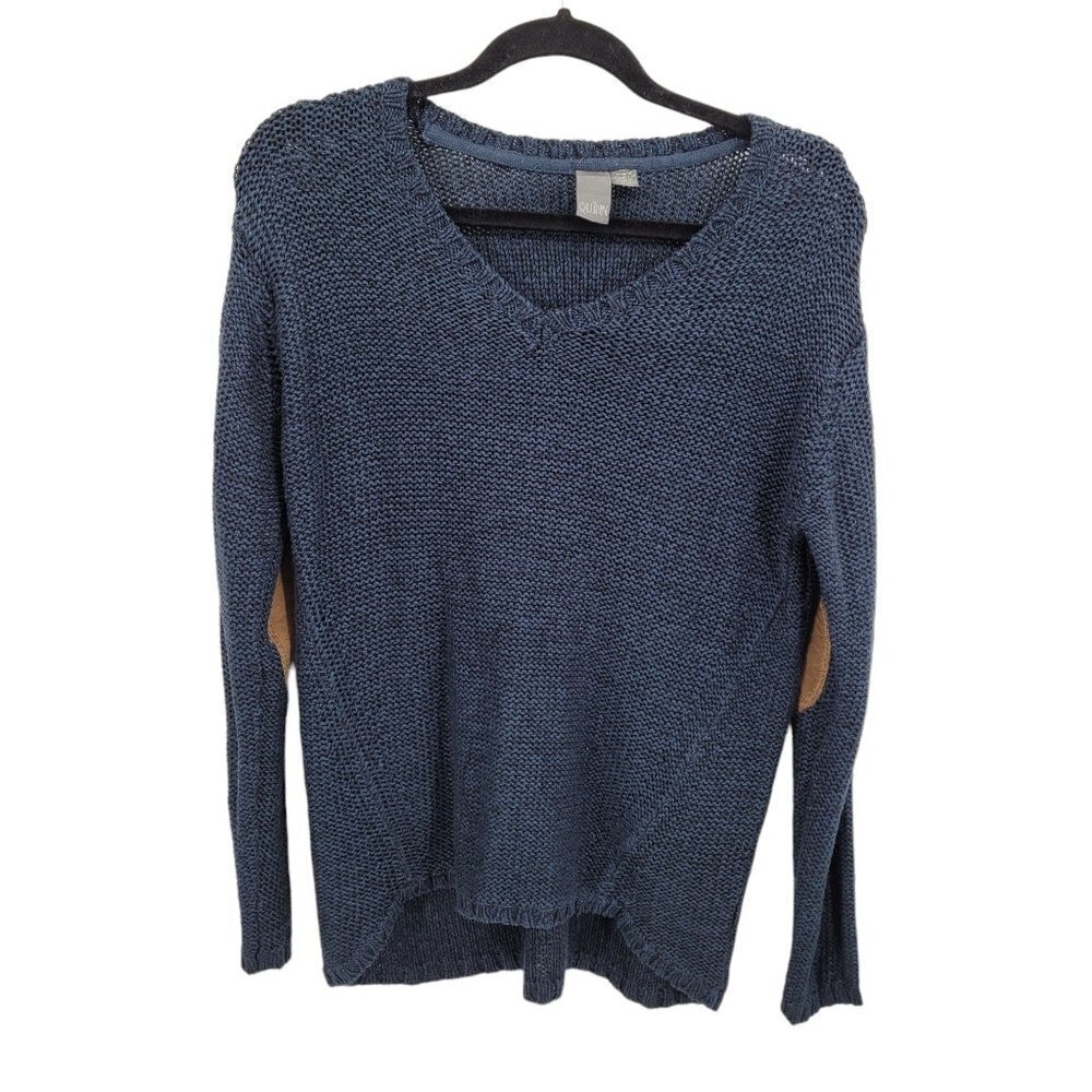 Quinn womens medium blue knit sweater elbow patches pullover v neck long sleeve